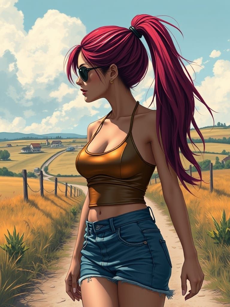 Woman with Cherry Hair on Country Path