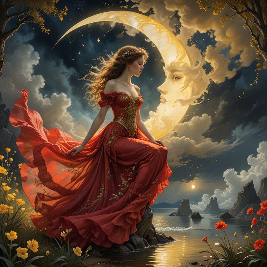 Ethereal Goddess of the Moon in Whimsical, Dreamy Evening Go...