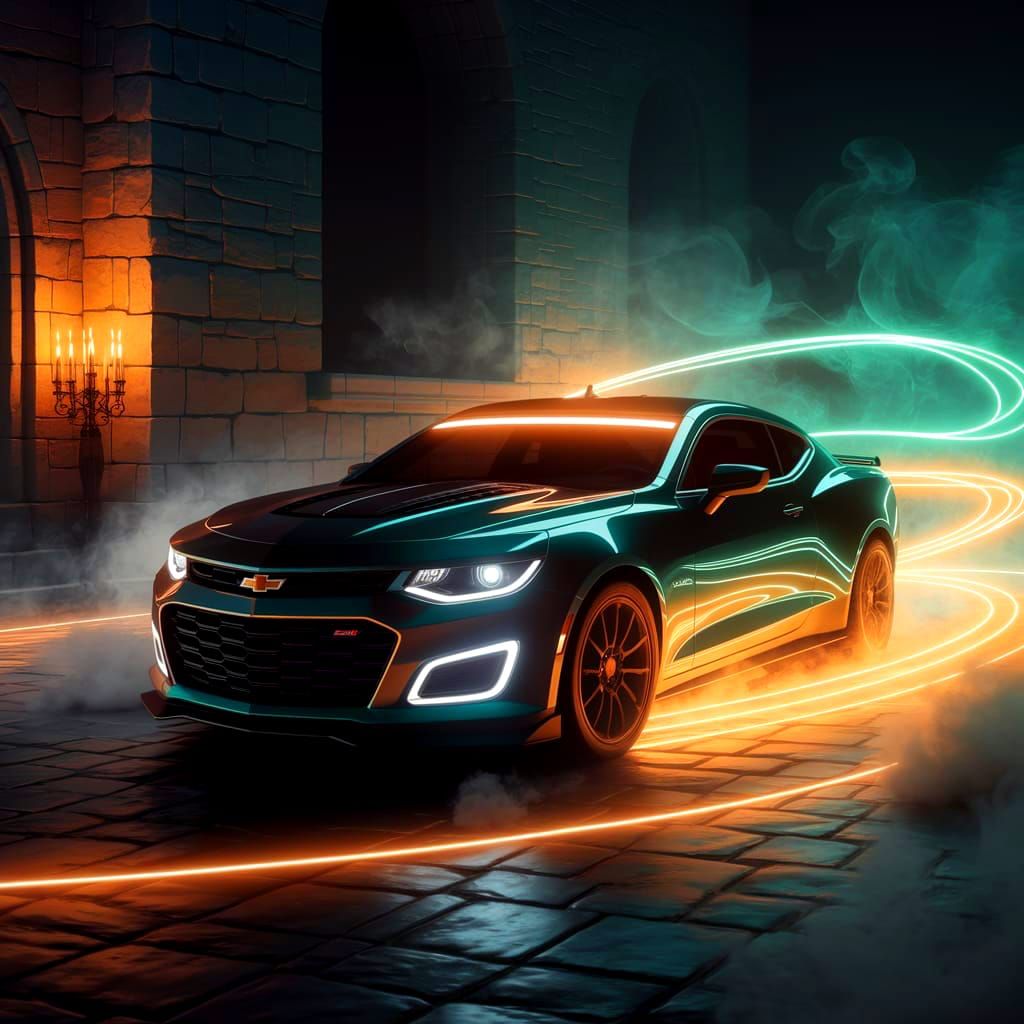 Neon Chevy Sports Car in a Cinematic Hall