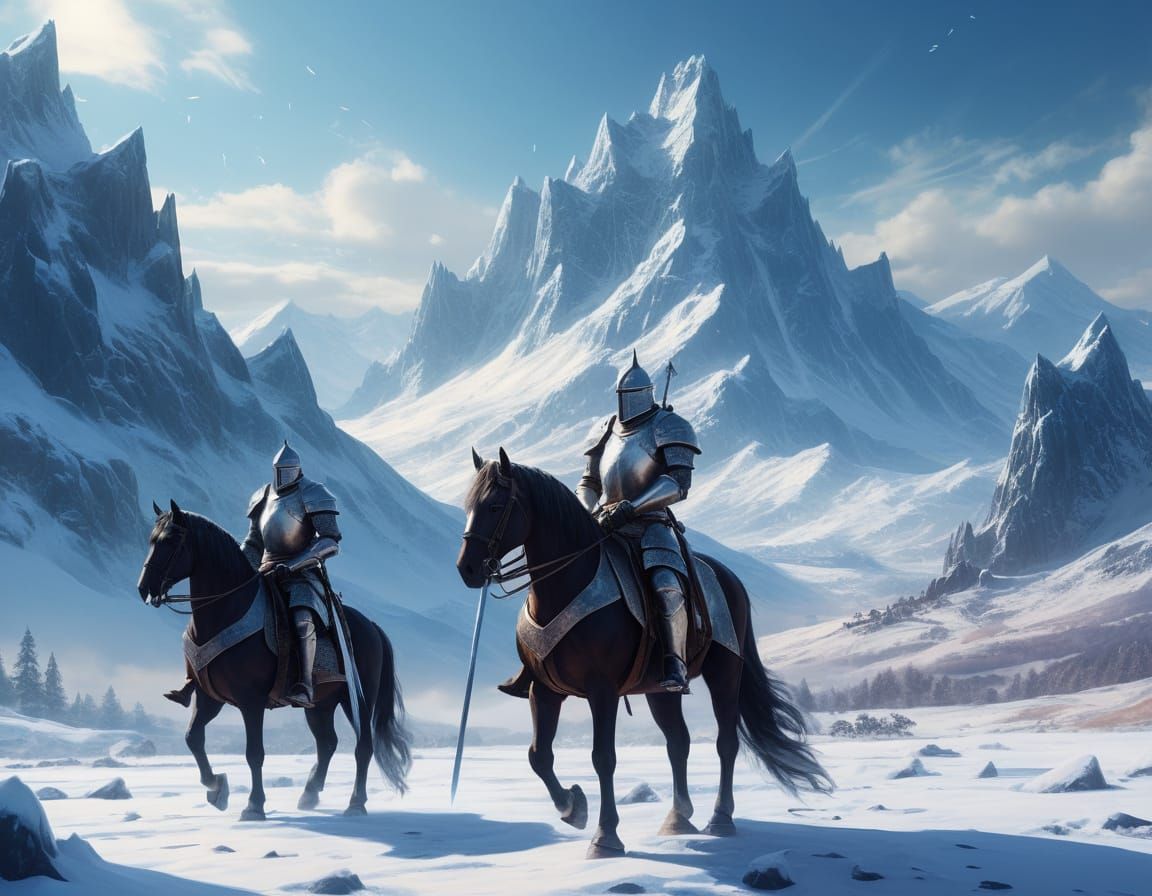 Epic Fantasy Winter Castle Knights in Vibrant Oil Painting S...
