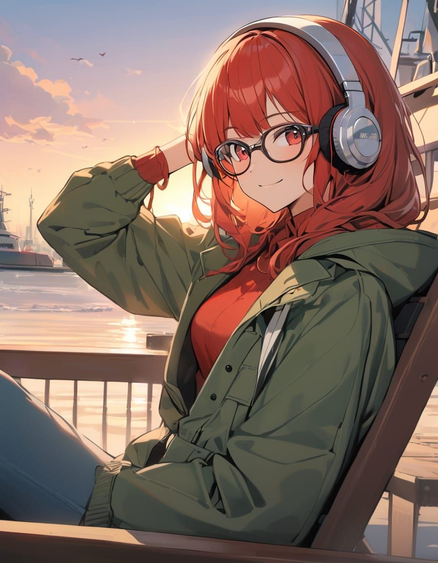 Girl in Winter Harbour at Sunrise with Green Jacket