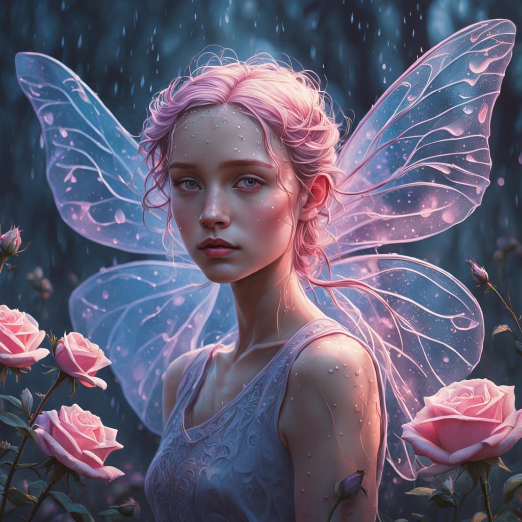 Whimsical Fairy on a Dew-Kissed Rose in Soft Morning Light