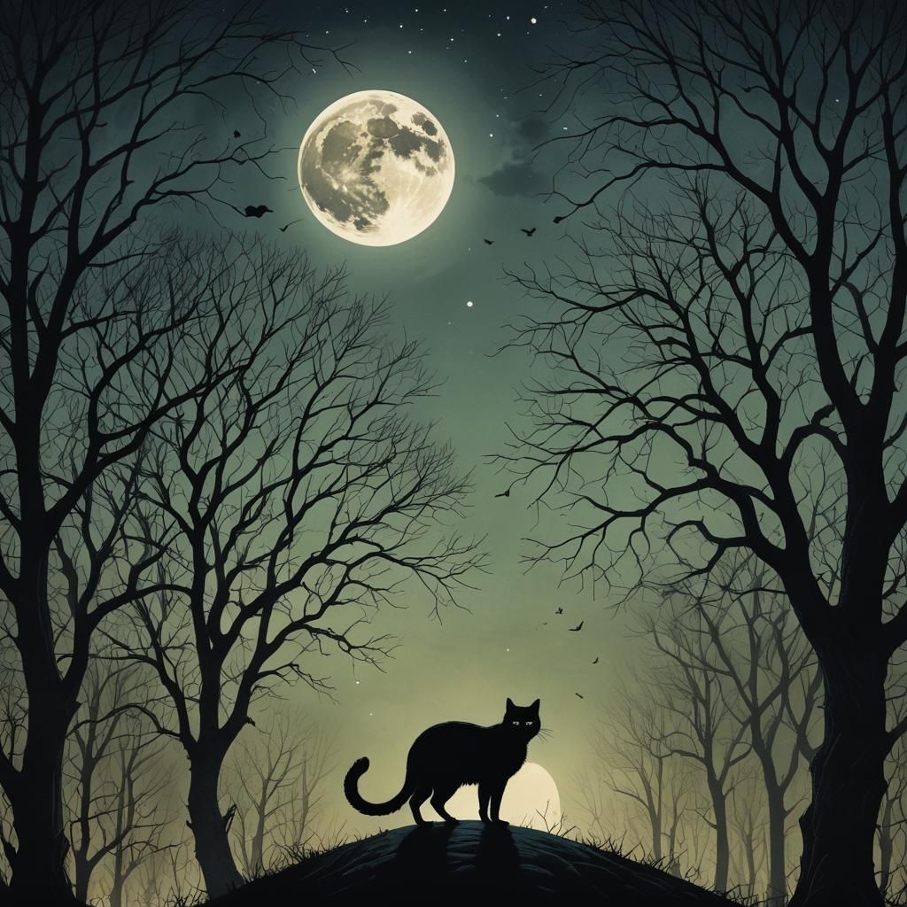 Gothic Black Cat Silhouette Under Full Moon