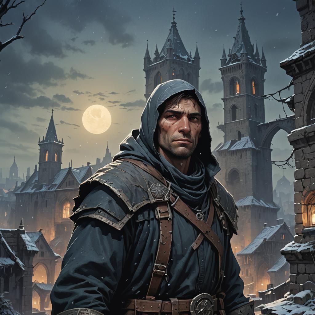 Repentant Thief in Ruined Cityscape: Fantasy Concept Art