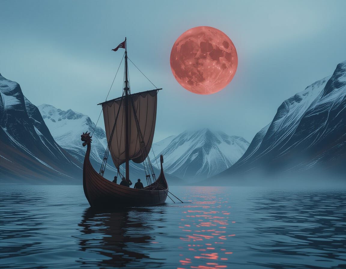 Viking Longship Emerges from Misty Fjord Under Full Moon