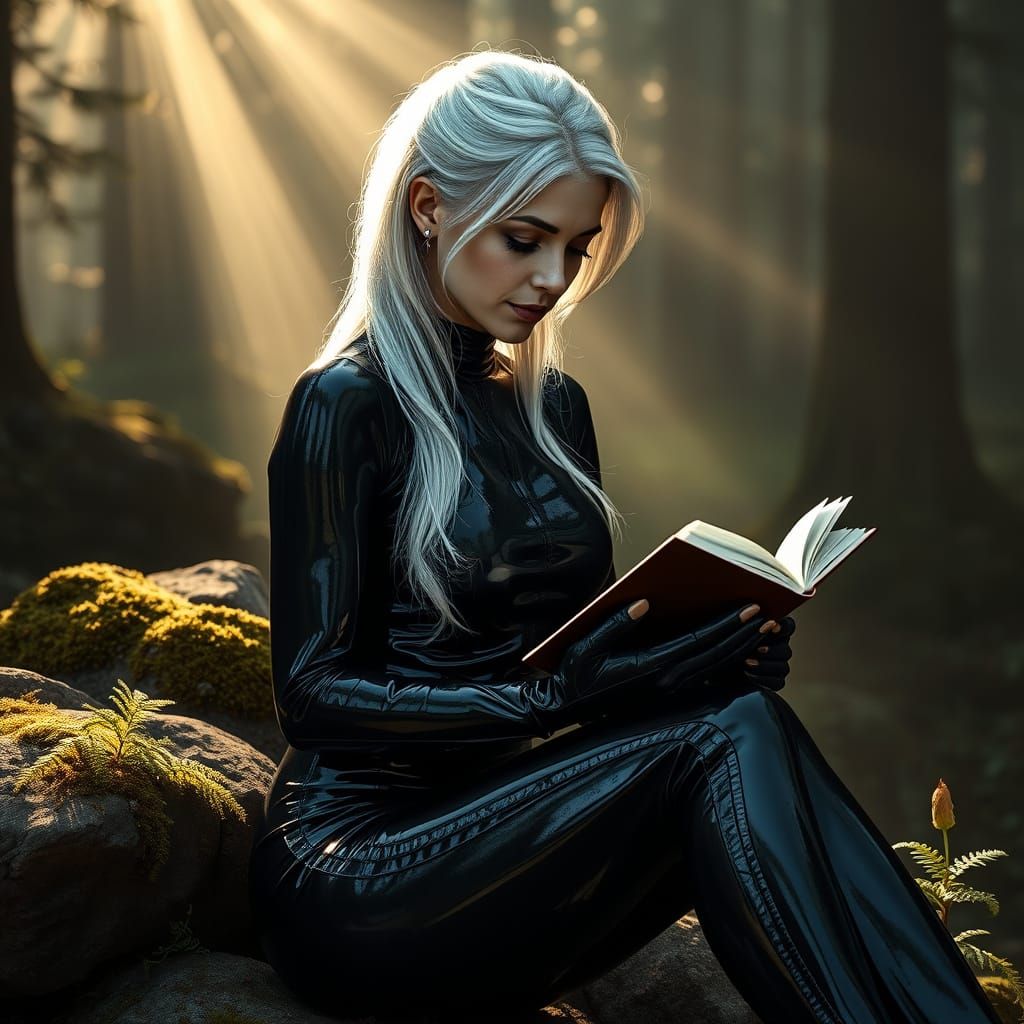 Elegant Woman in Black Latex, Lost in a Futuristic Forest