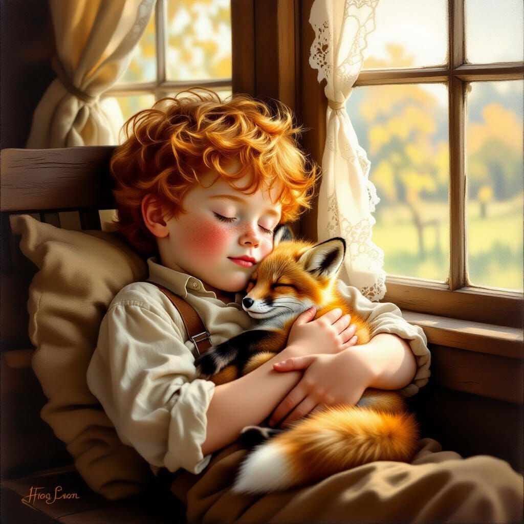 Boy Sleeping with Fox in Rustic Oil Painting
