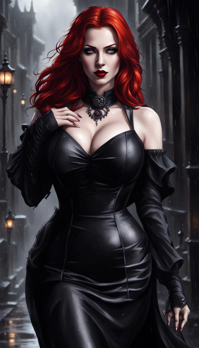 Redhead Vampire in Rainy Gothic Comic Art