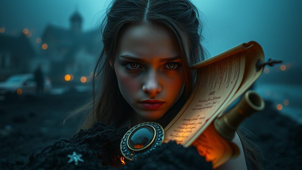 Young Woman with Fiery Eyes and Glowing Amulet