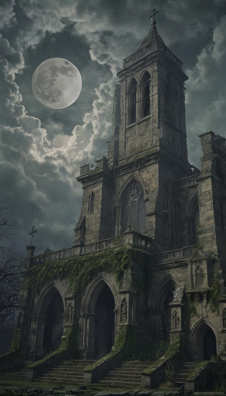 Gothic Church Under Moonlight: Macabre Digital Art