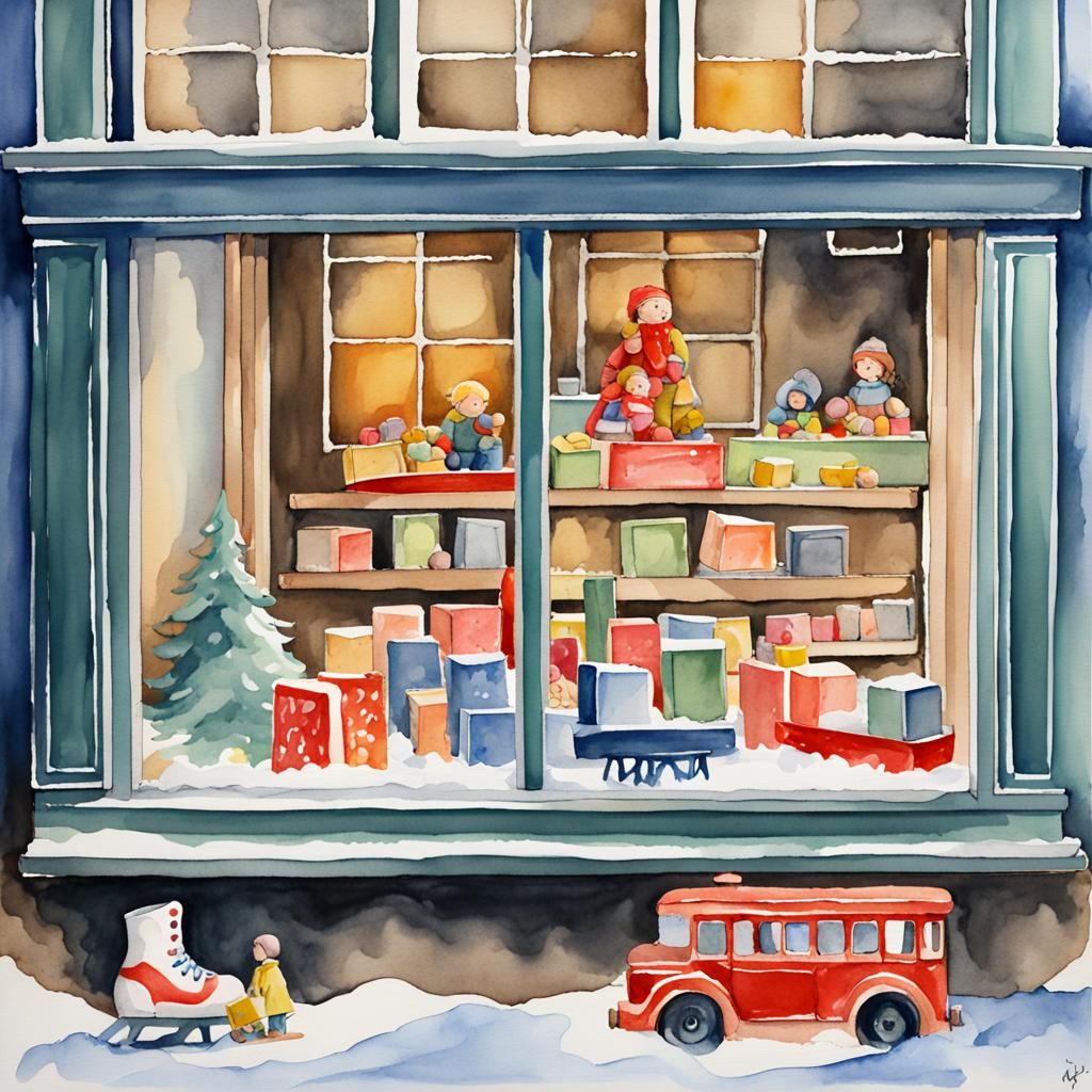 Watercolor Toy Store Window with Train Set