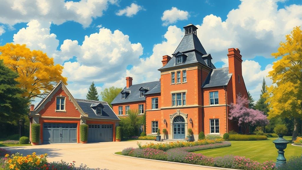 Grand Brick Chateau with Vibrant Garden and Painterly Realis...