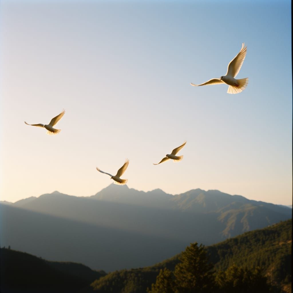 Serene Doves Soar Through Majestic Mountain Landscape in Cin...