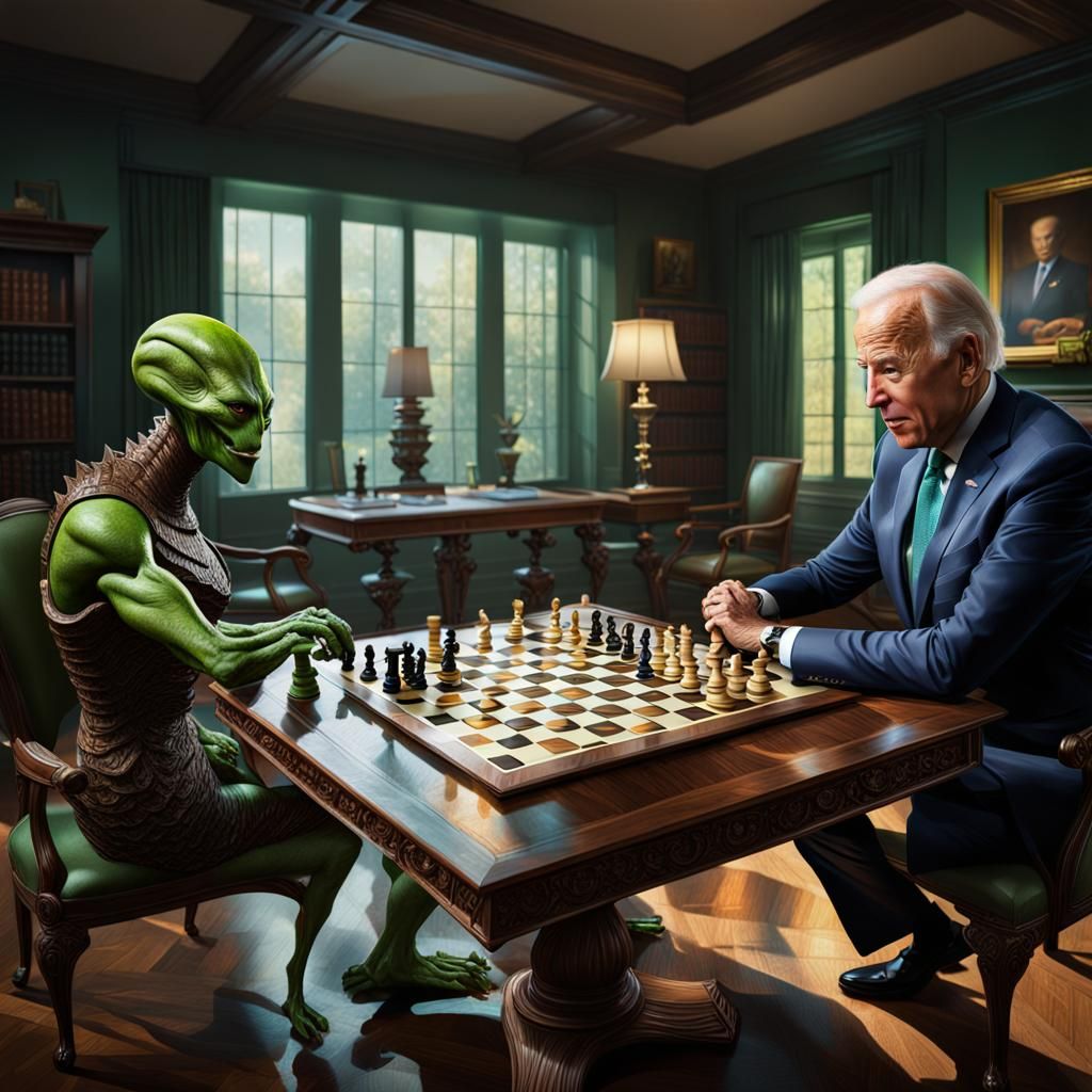 Biden and Alien Chess Match: Hyperrealistic Art