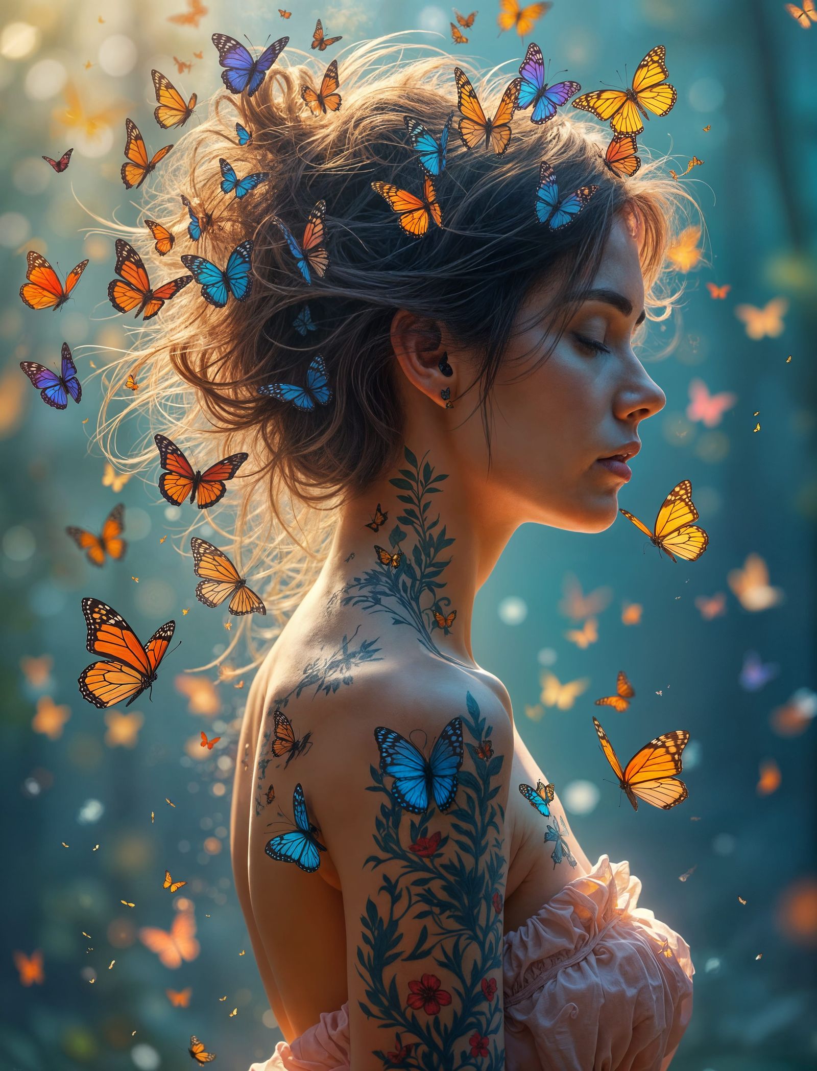 Ethereal Fantasy of Woman Enveloped by Vibrant Butterfly Swa...