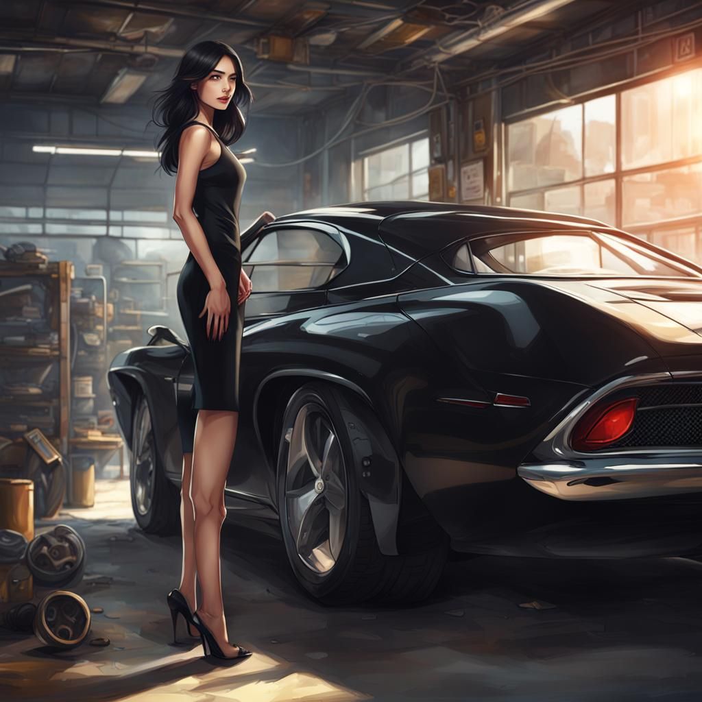 Arrogant Secretary in Garage with Sports Car