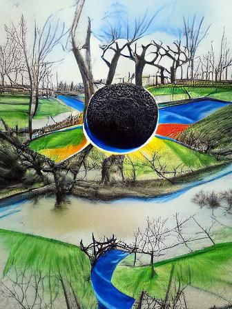 Hyperrealistic Ink Drawing of Black Sun Over River