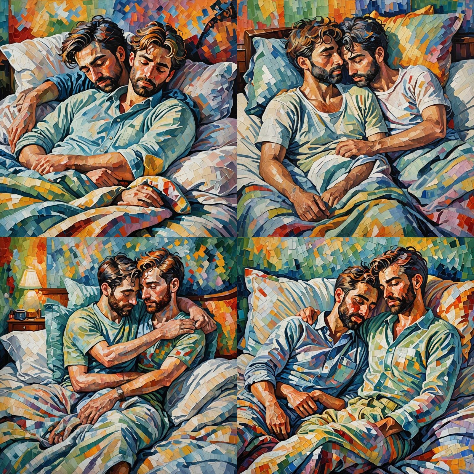 Gay Men Cuddling: Neo-Impressionist Oil Painting