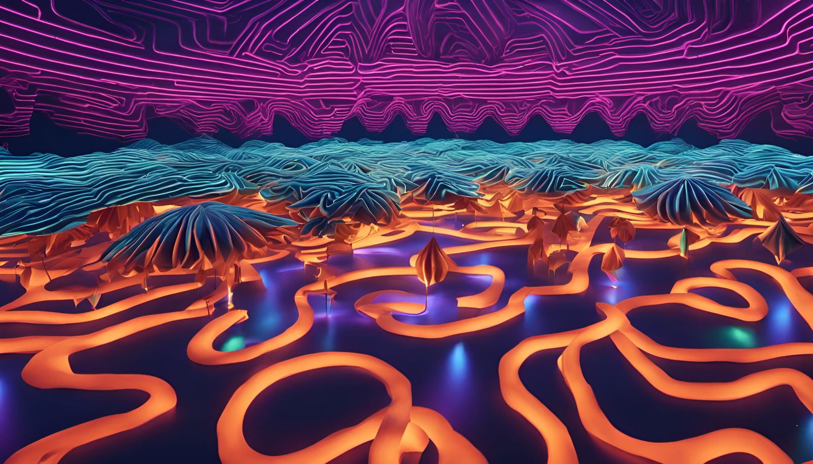 Colorful Origami Brain Creatures in Fungal Labyrinth