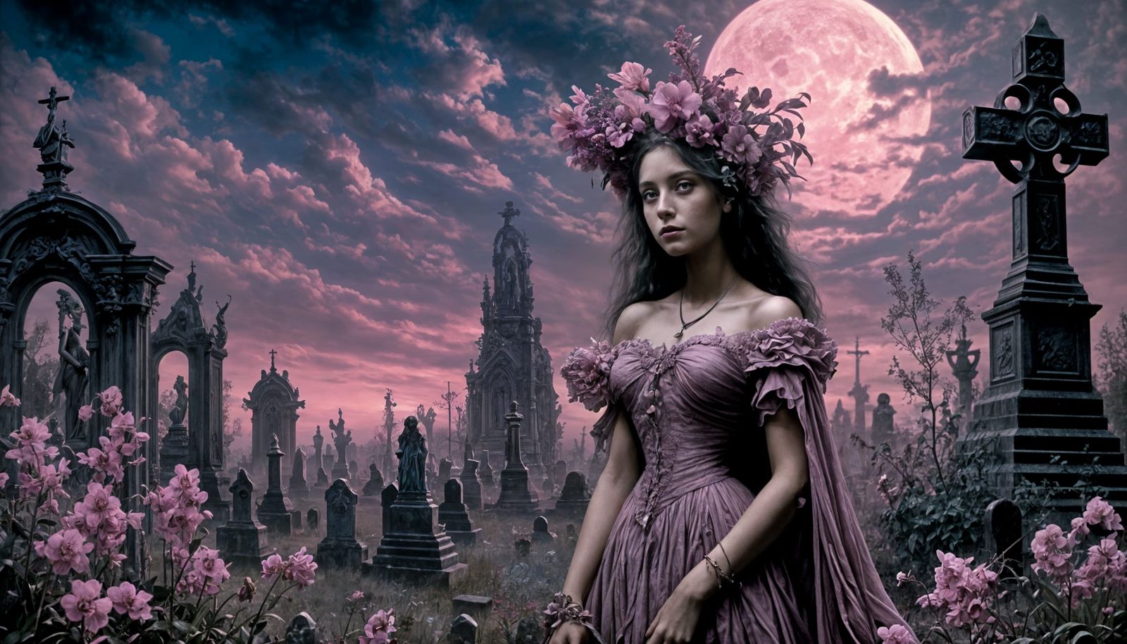 Fantasy Woman in Cemetery at Dawn