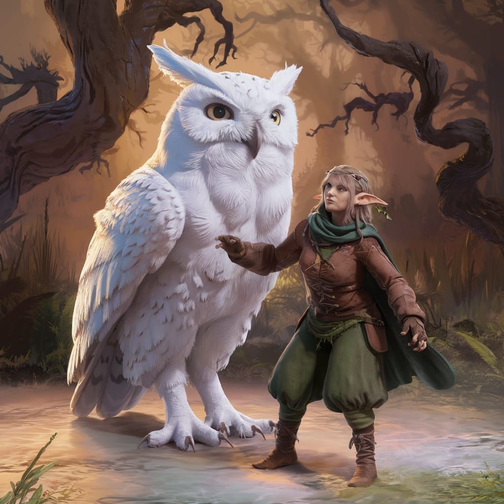 Ethereal Owl-Person Rogue in Misty Forest