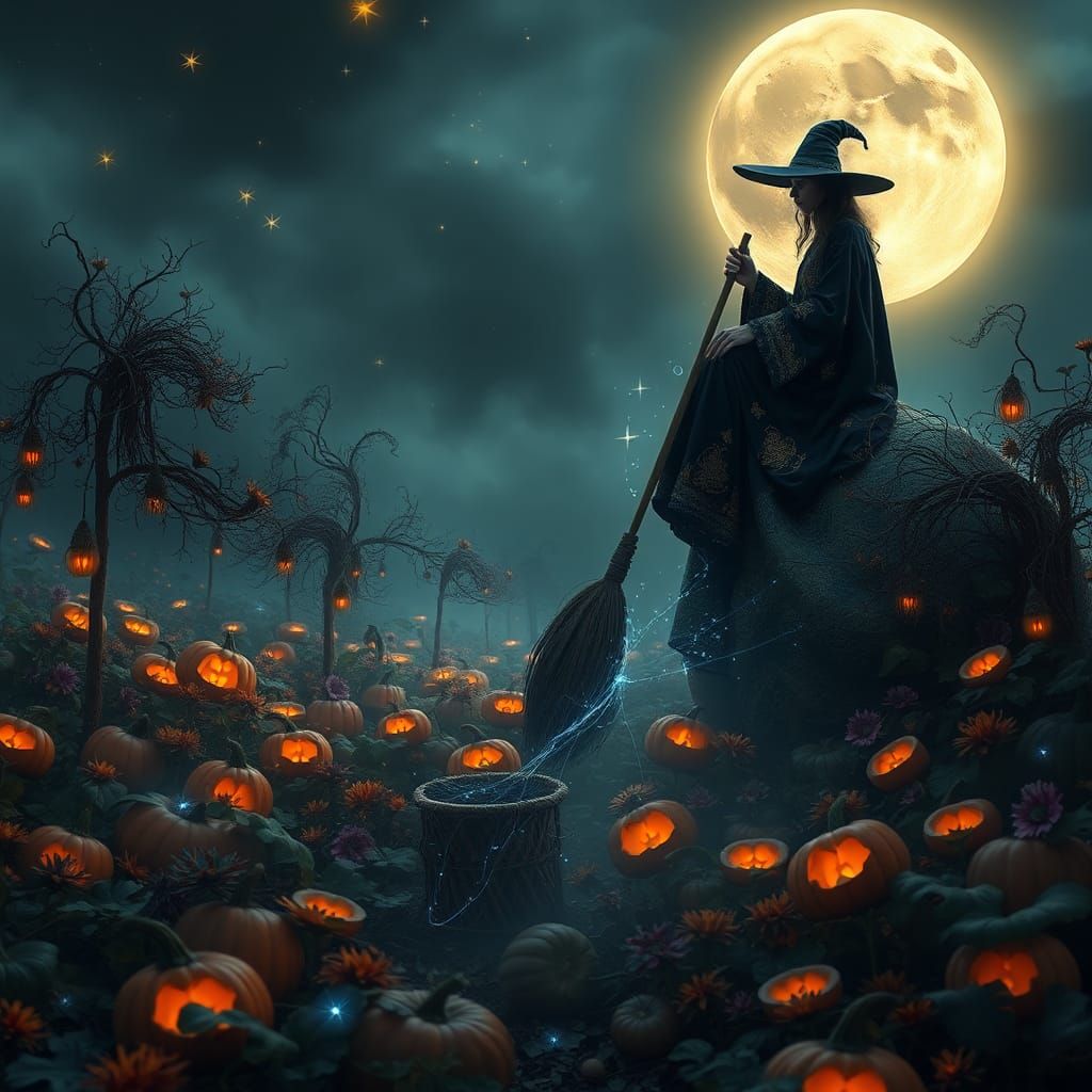 Halloween Witch Sweeping Stars Across Moonlit Meadow