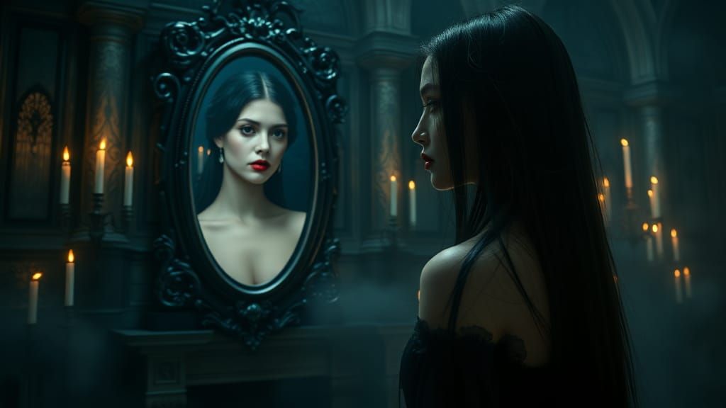 Ethereal Vampire in Castle Mirror Reflects Mortal Woman