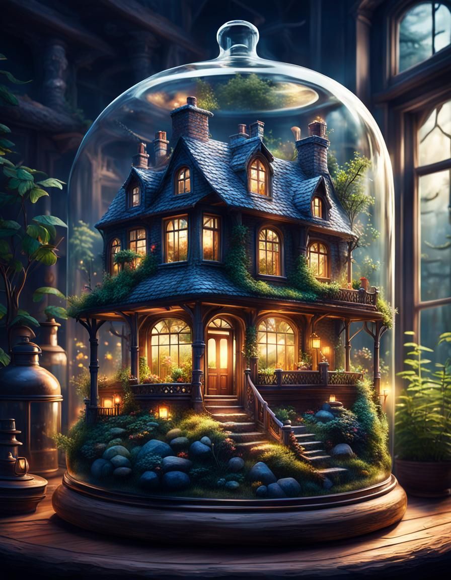 Fairy Mushroom House in Glass Terrarium