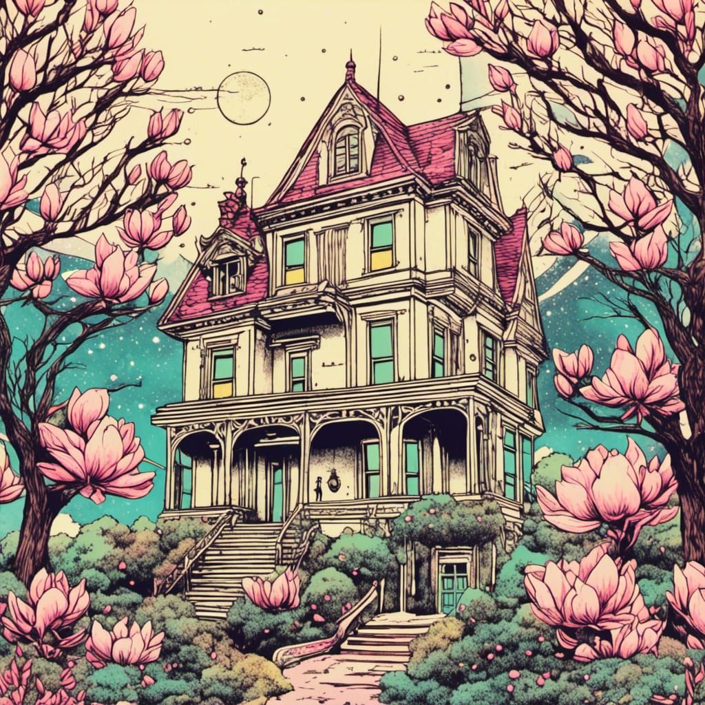 <lora:Hand Drawn Retro:1.0>house surrounded by magnolia tree...
