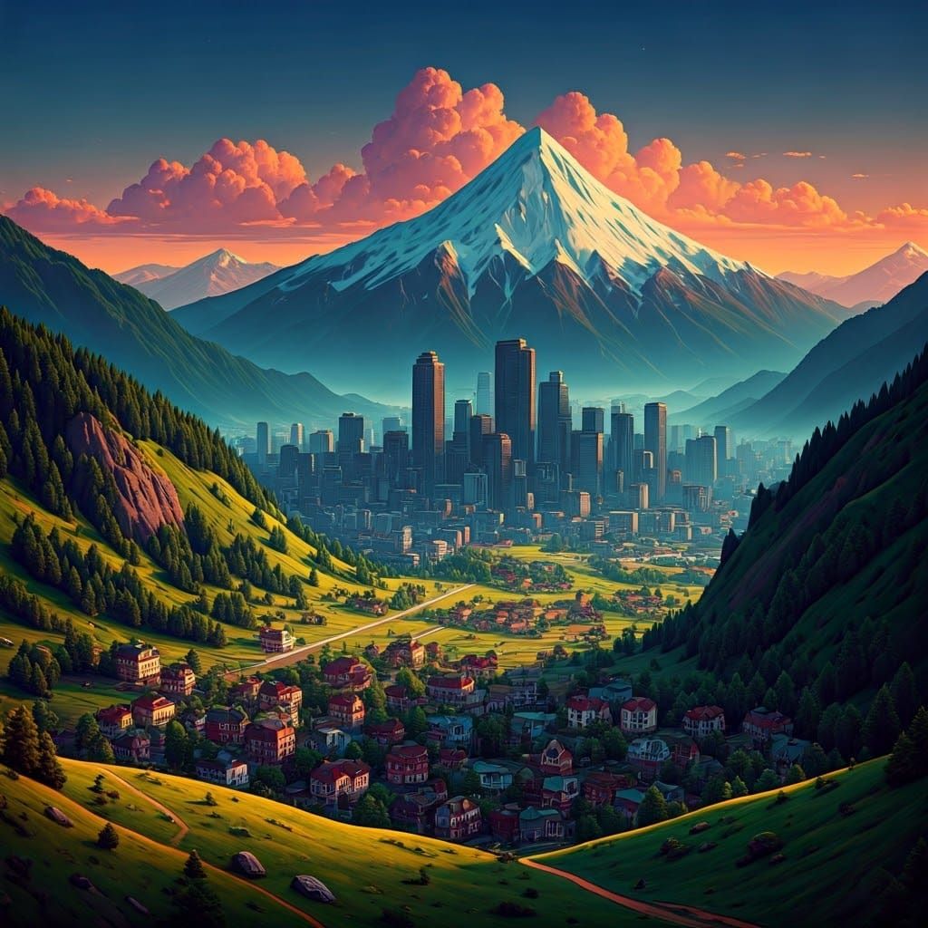 Idyllic Valley Diorama with City and Mountains