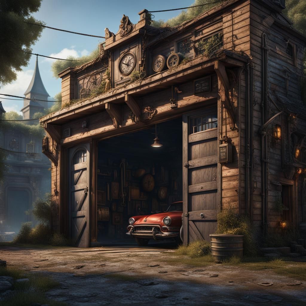 Fantastical Garage: Detailed Matte Painting in Deep Color