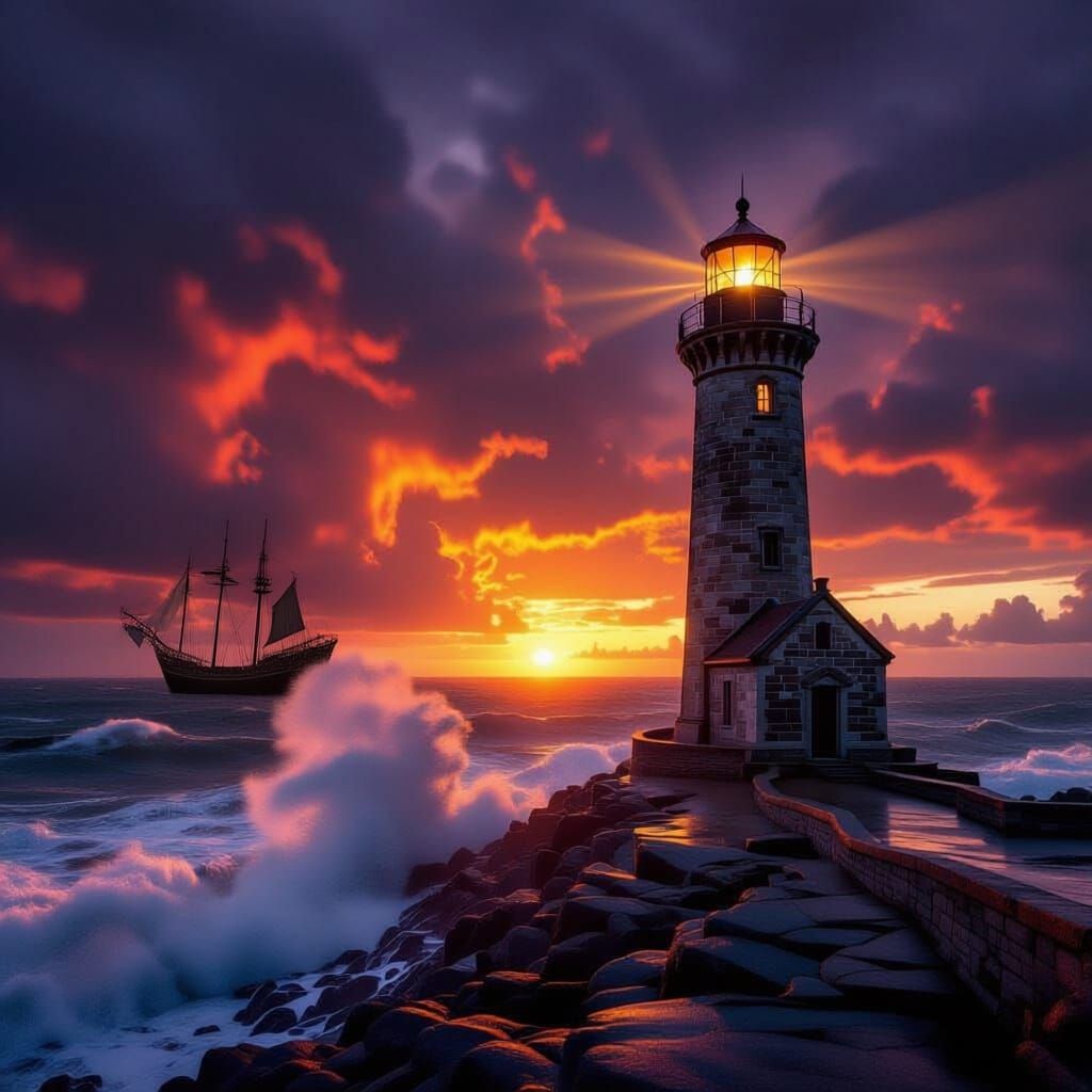 Lighthouse Against Fiery Sunrise Storm