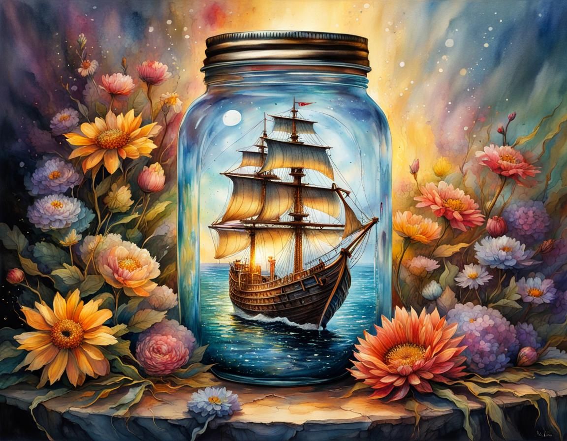 Viking Ship in a Jar: Watercolor Storybook Illustration