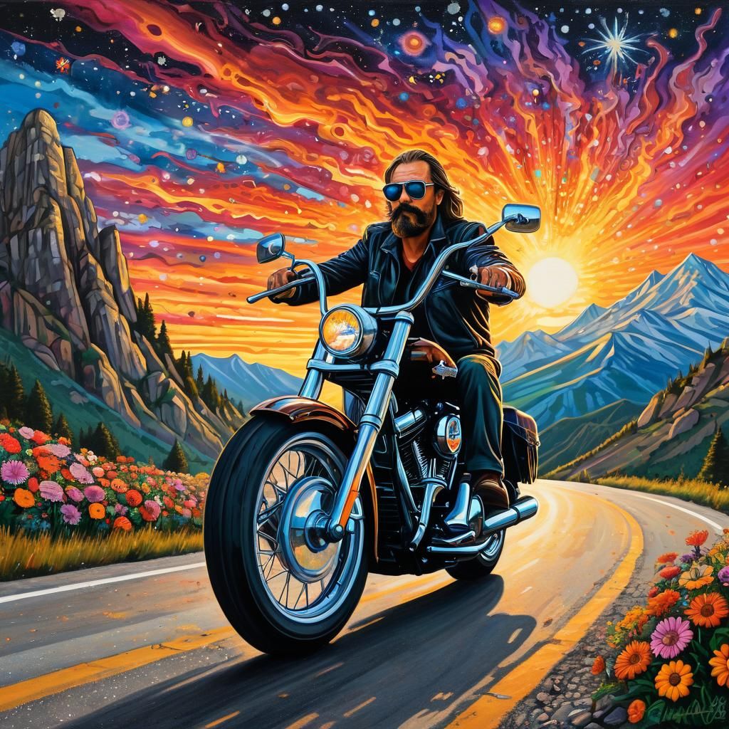 Motorcycle Sunset Ride in Graffiti Art Style