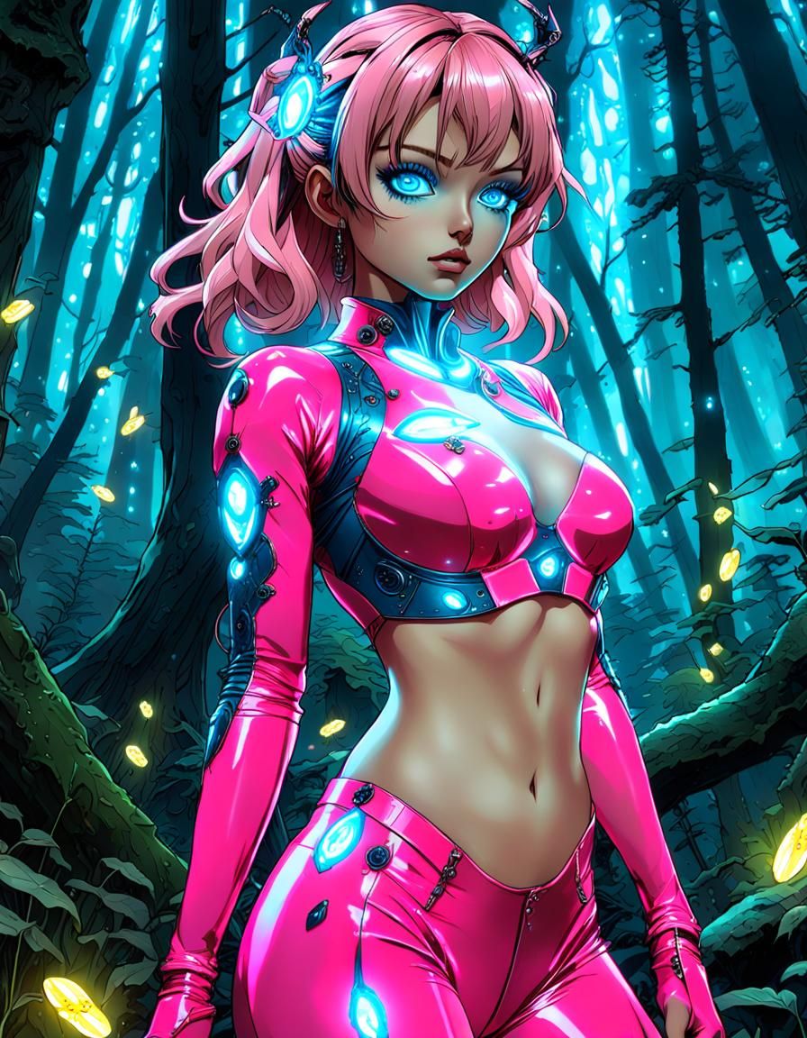anime video game by Katsuya Terada, girl, nice chest, perfect body, big detailed eyes, sly look, magical forest, firefli...