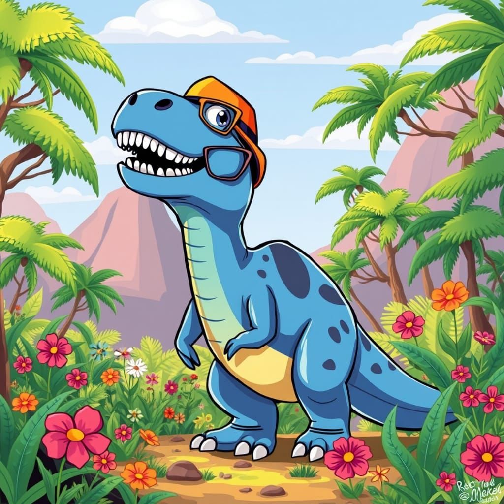 Cartoon Dinosaur in Prehistoric Landscape, Inspired by Pop S...