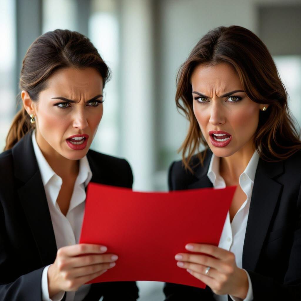 Furious Women Grasping Red Document in Stark Realism