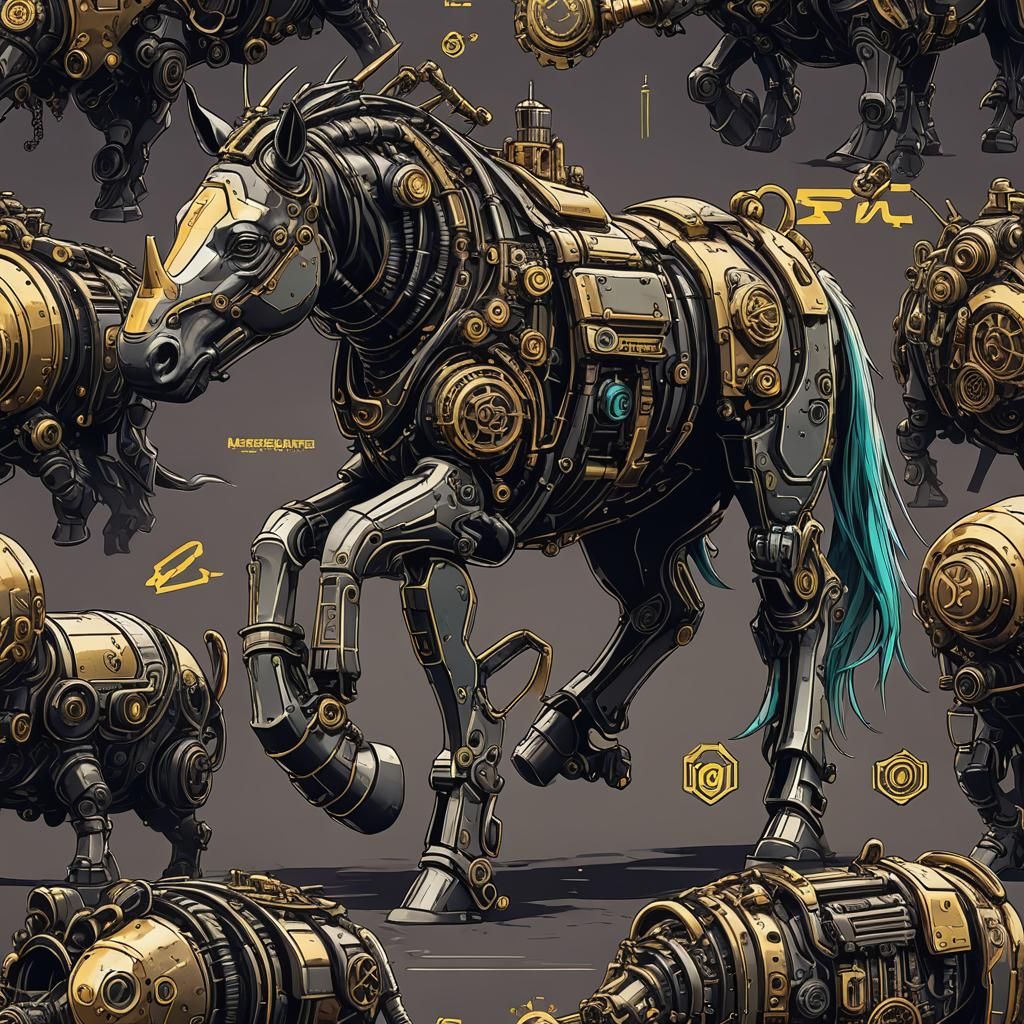 Cyberpunk Steampunk Rhinocerine Pony Engine in Neon