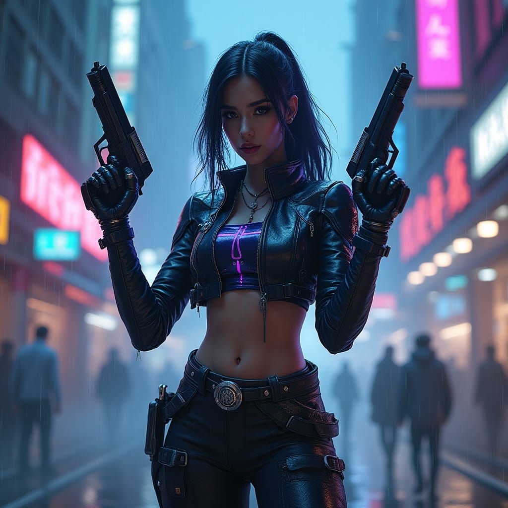 Cyberpunk Gunslinger in Neon Cityscape