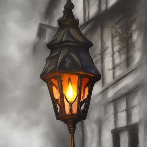 Vampire Lantern in Dark Alley: Surreal Oil Painting