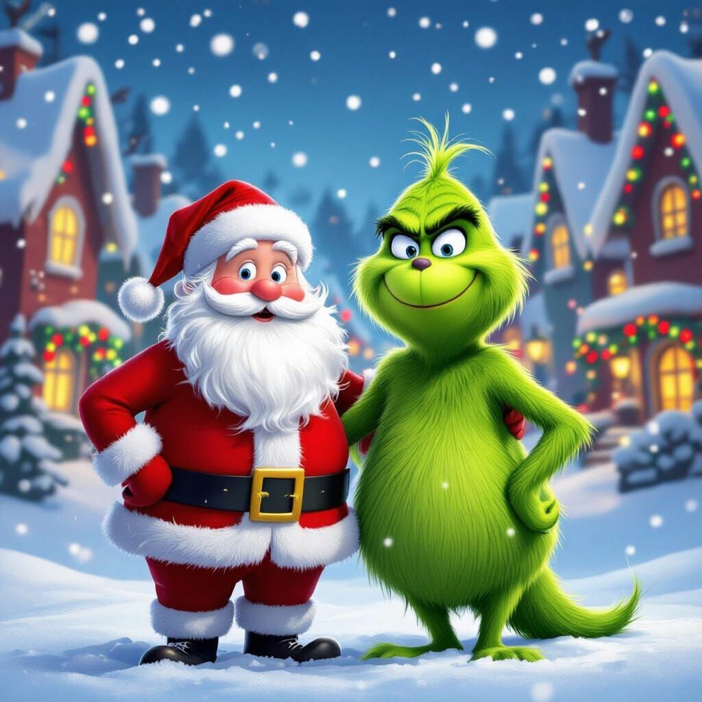 Santa and Grinch Together in Snowy Whoville Scene