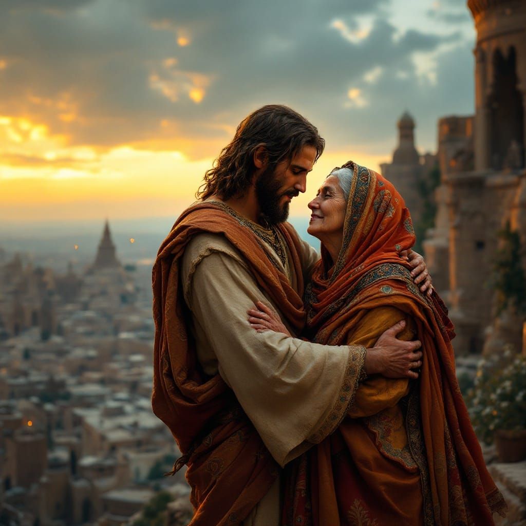 Jesus Embracing an Elderly Arab Woman in a Vibrant Middle Ea...