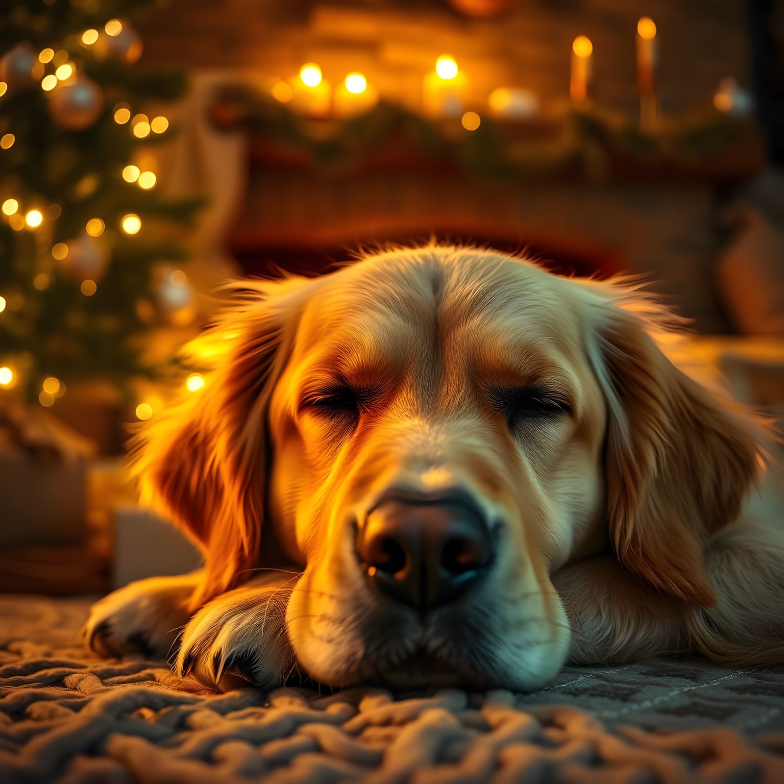 Cozy Christmas Dreamscape with Golden Retriever