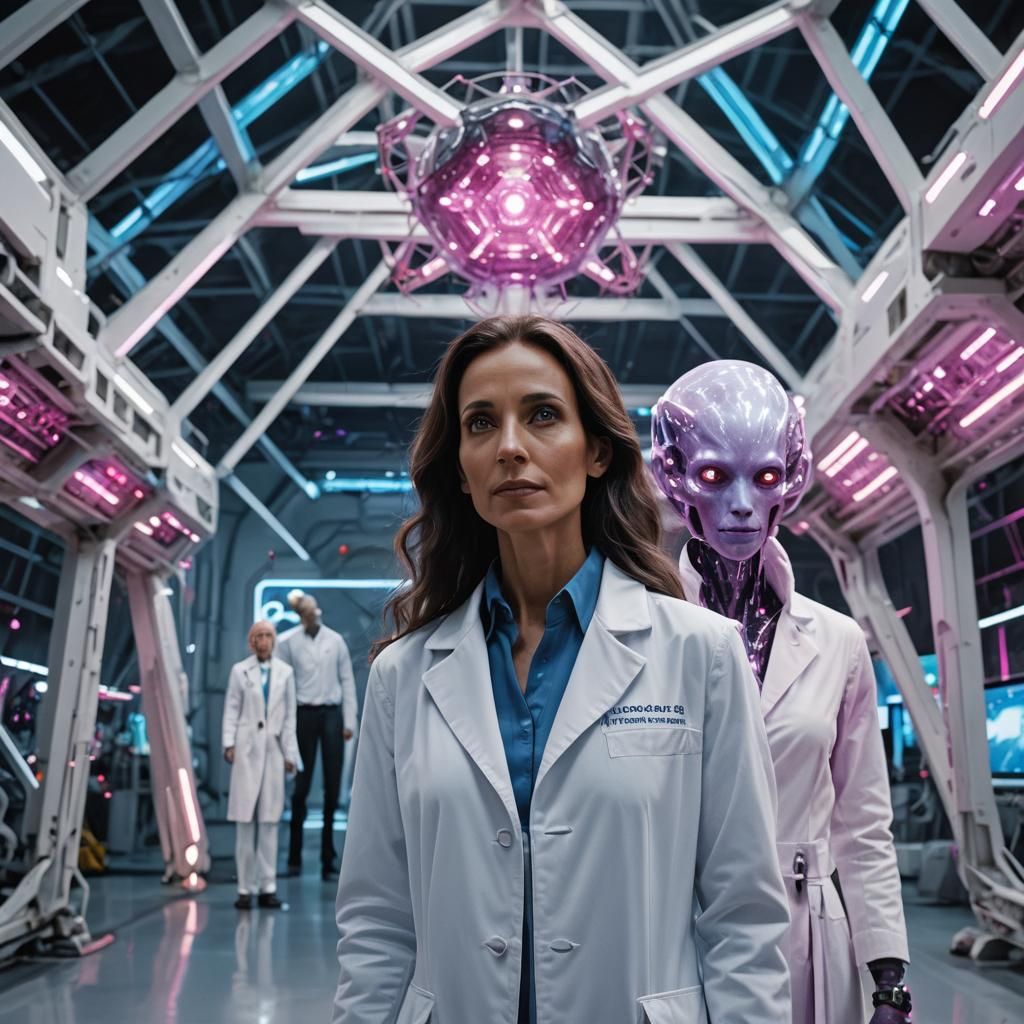Extraterrestrial Woman and Scientist in Sci-Fi Hangar