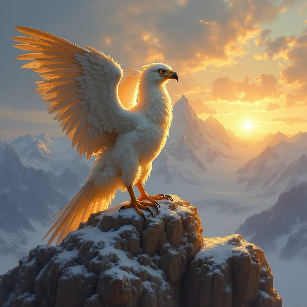 Griffin Perched Atop Mountain Peak in Oil Painting Style