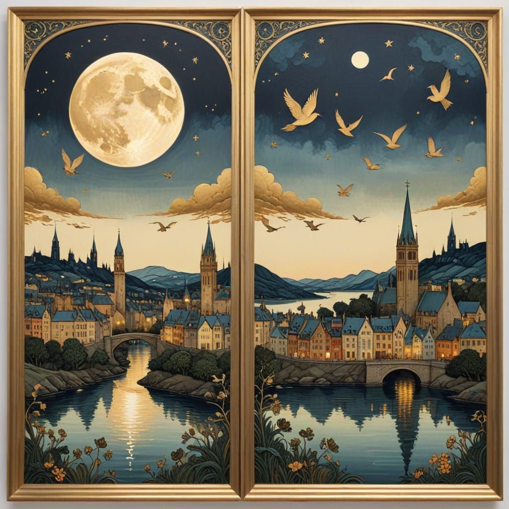 Fantasy Cityscape Diptych in William Morris Style