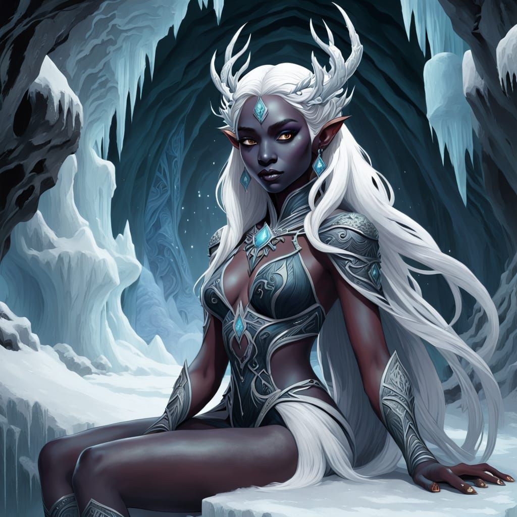 Drow Elf Queen on Ice Throne, Art Nouveau Style