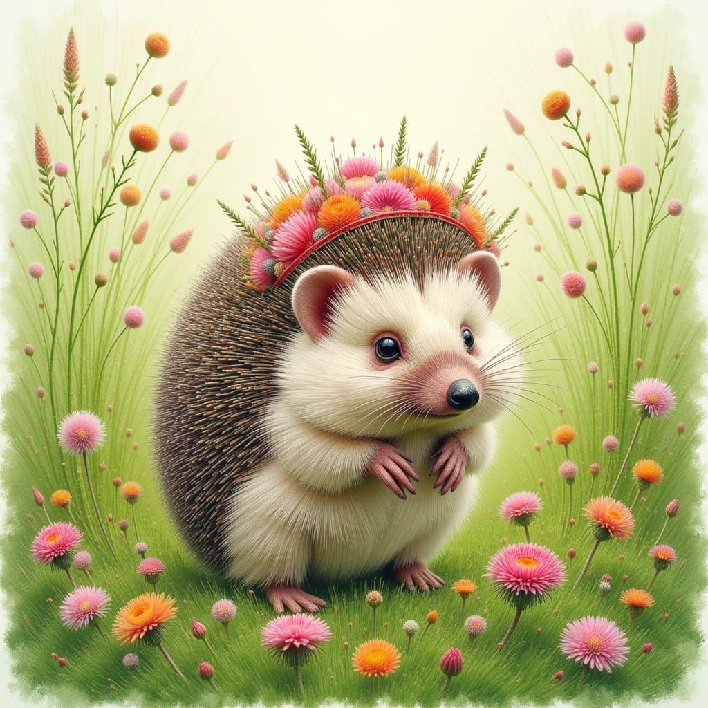 Hedgehog in Floral Crown with Watercolor Textures