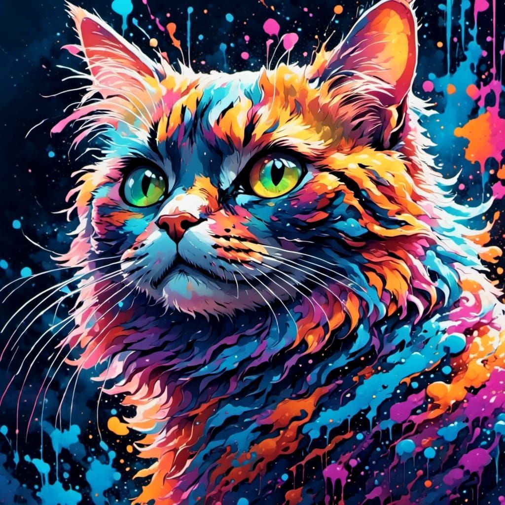 Psychedelic Neon Cat Portrait in Ink Pop Art