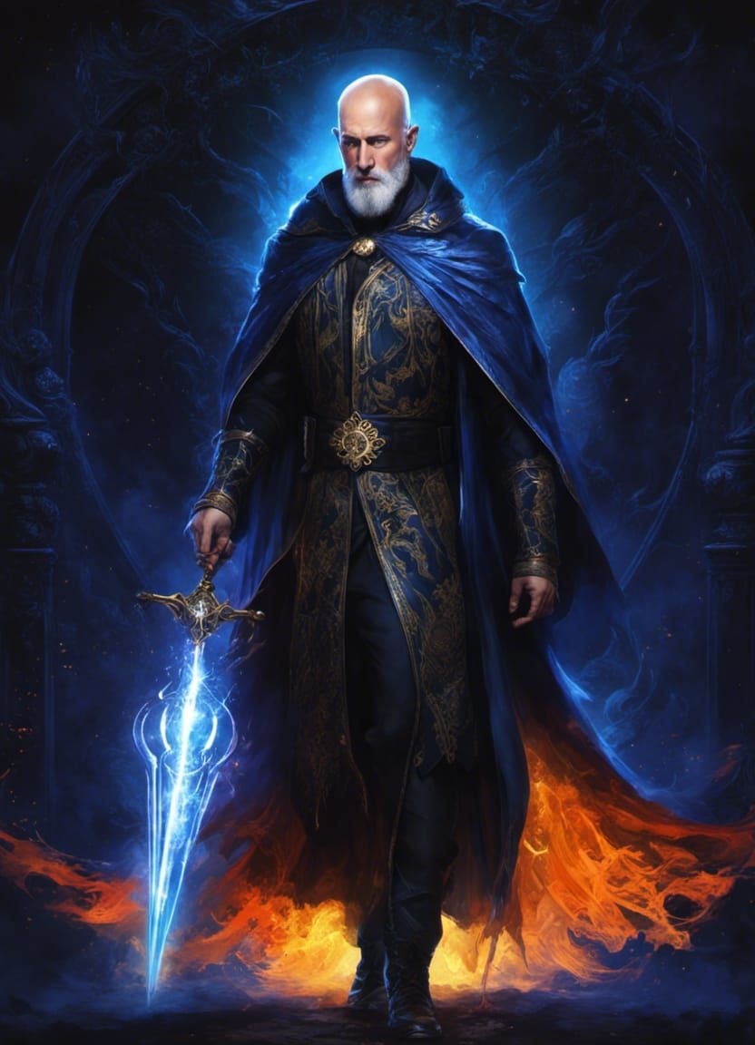 Luminescent Bald Wizard in Royal Blue Cape